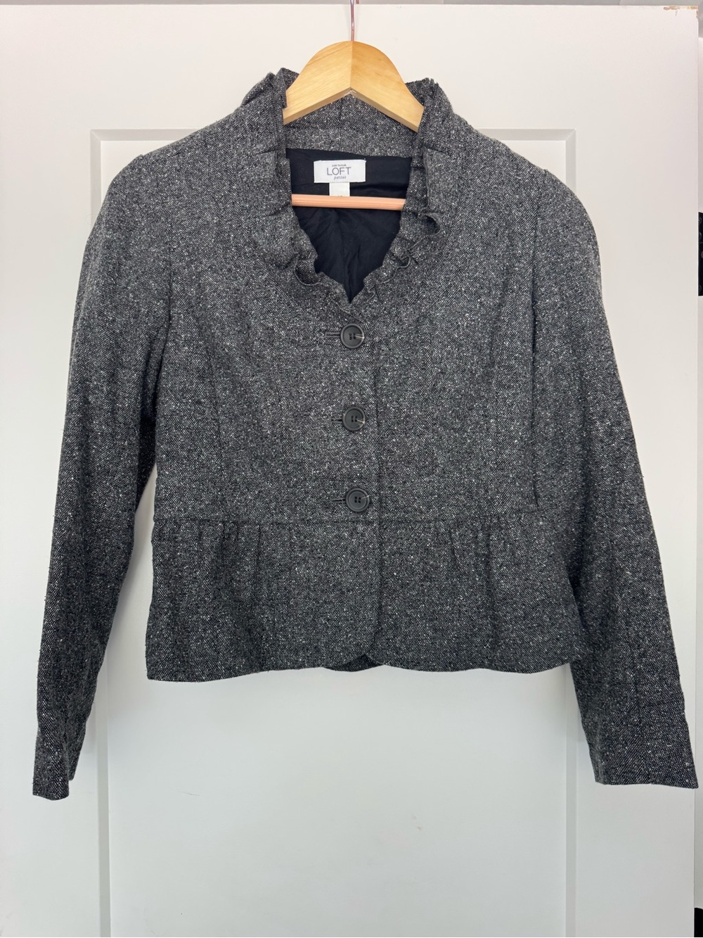 LOFT Gray Tweed Ruffle Collar Blazer Boho Vintage Vibe